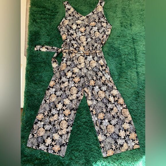 J Jill Wearever Print Jumpsuit Size 4X Shirred Back Floral Tropical - Picture 1 of 8